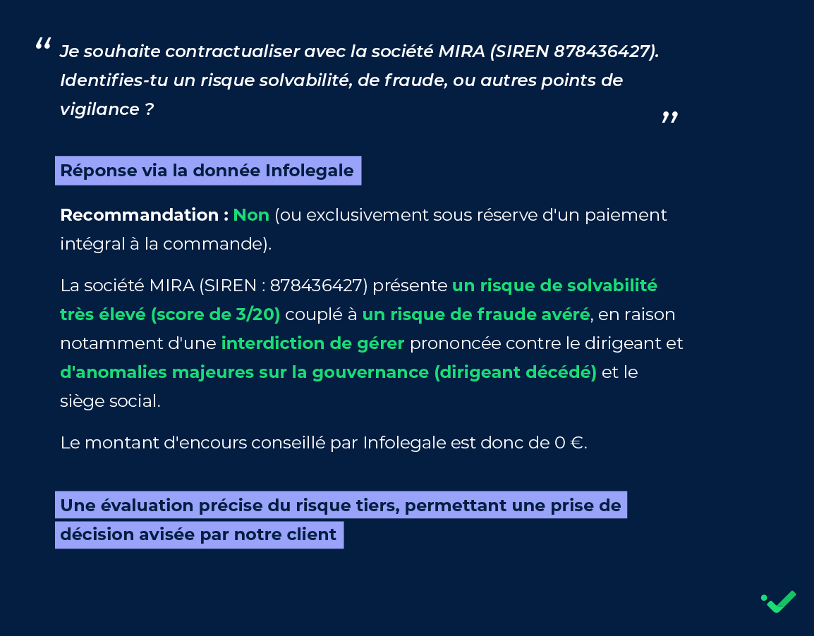 cas d'usage MCP Infolegale : la donnée Infolegale permet d'avoir une évaluation précise du risque tiers et surtout actualisée